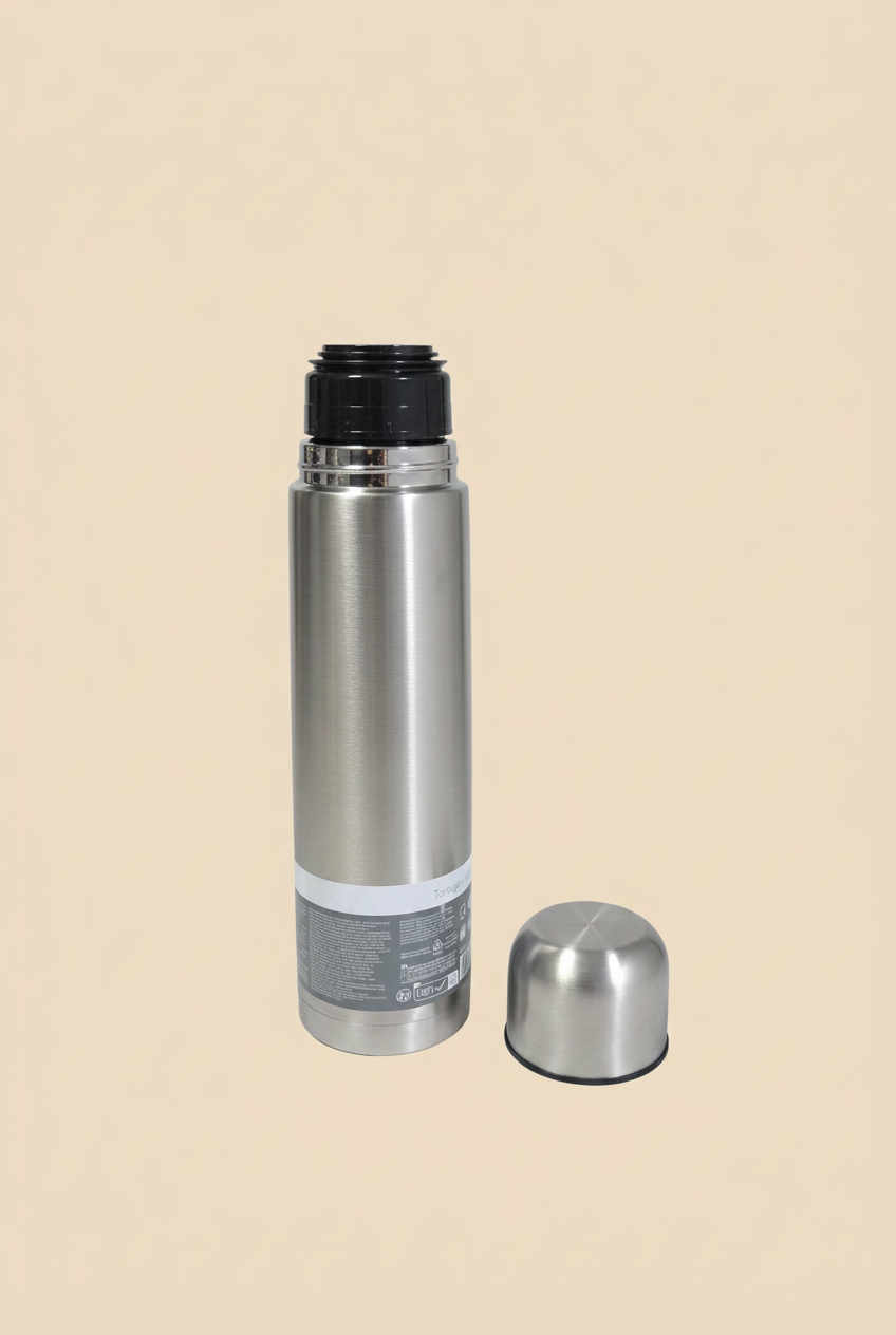 Termo de Acero Inox de 1L con su tapa sobre fondo beige sin sombras