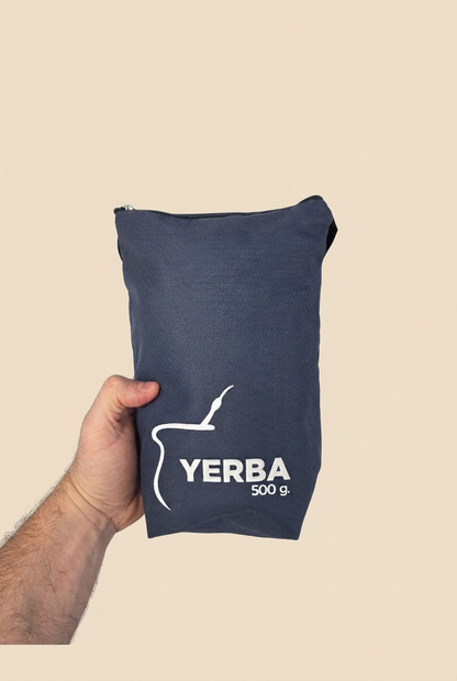 Yerbero 500g azul frontal sobre fondo beige