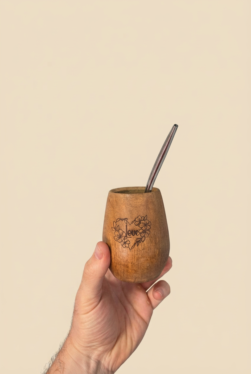 Mate de Algarrobo Grabado con bombilla sobre fondo beige