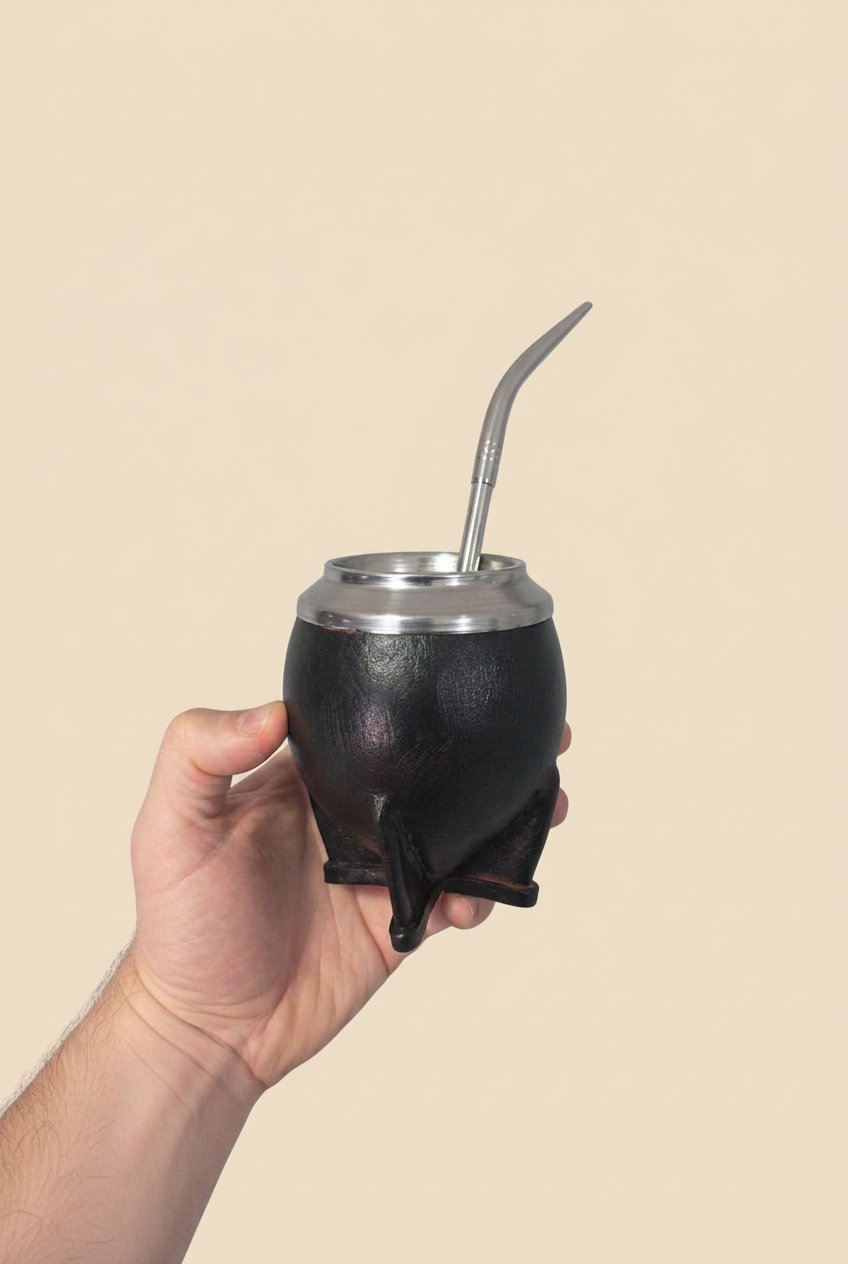Mate torpedo de calabaza forrado en cuero con bombilla pico de loro