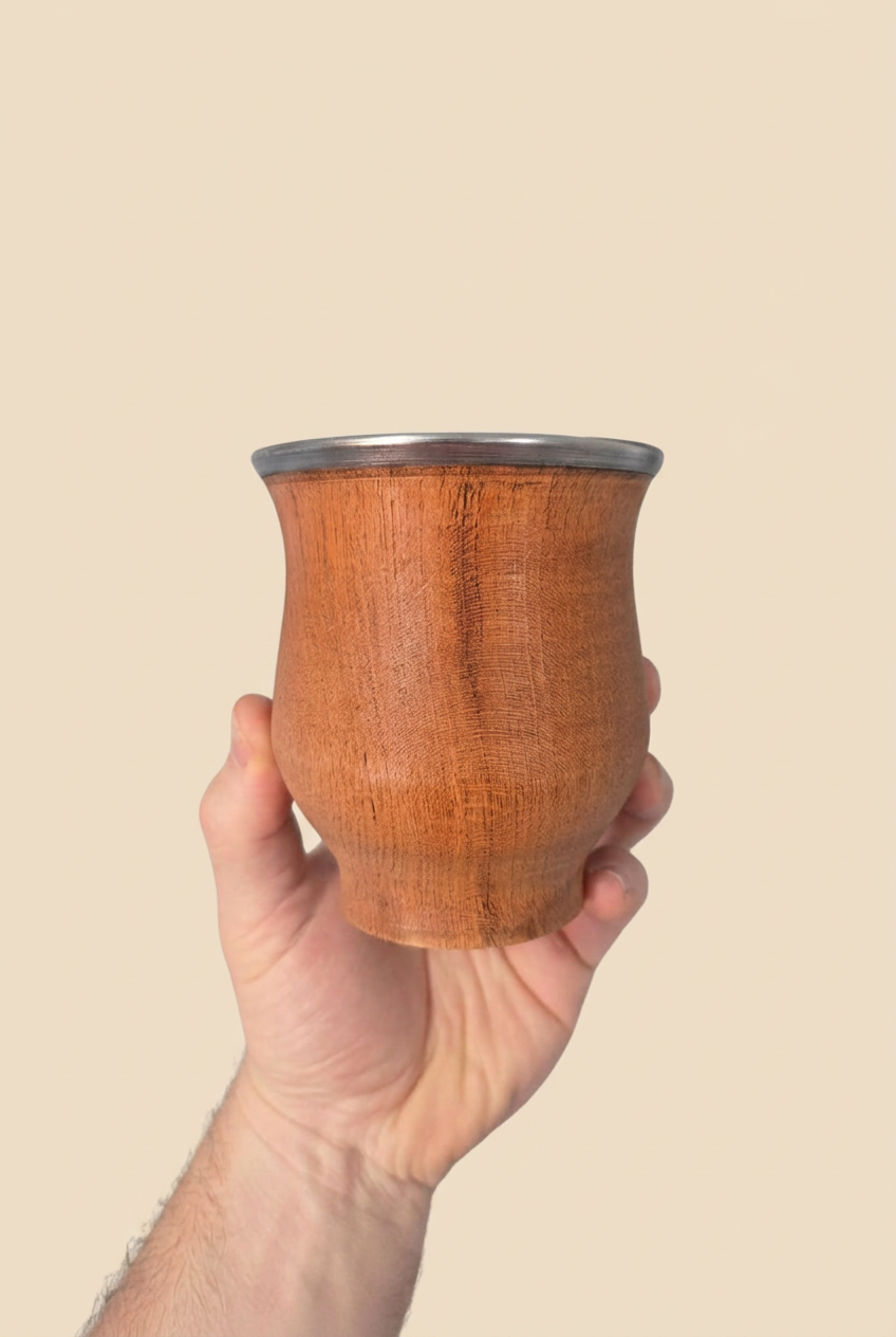 Mate Camionero de Algarrobo frontal sostenido en una mano sobre fondo beige