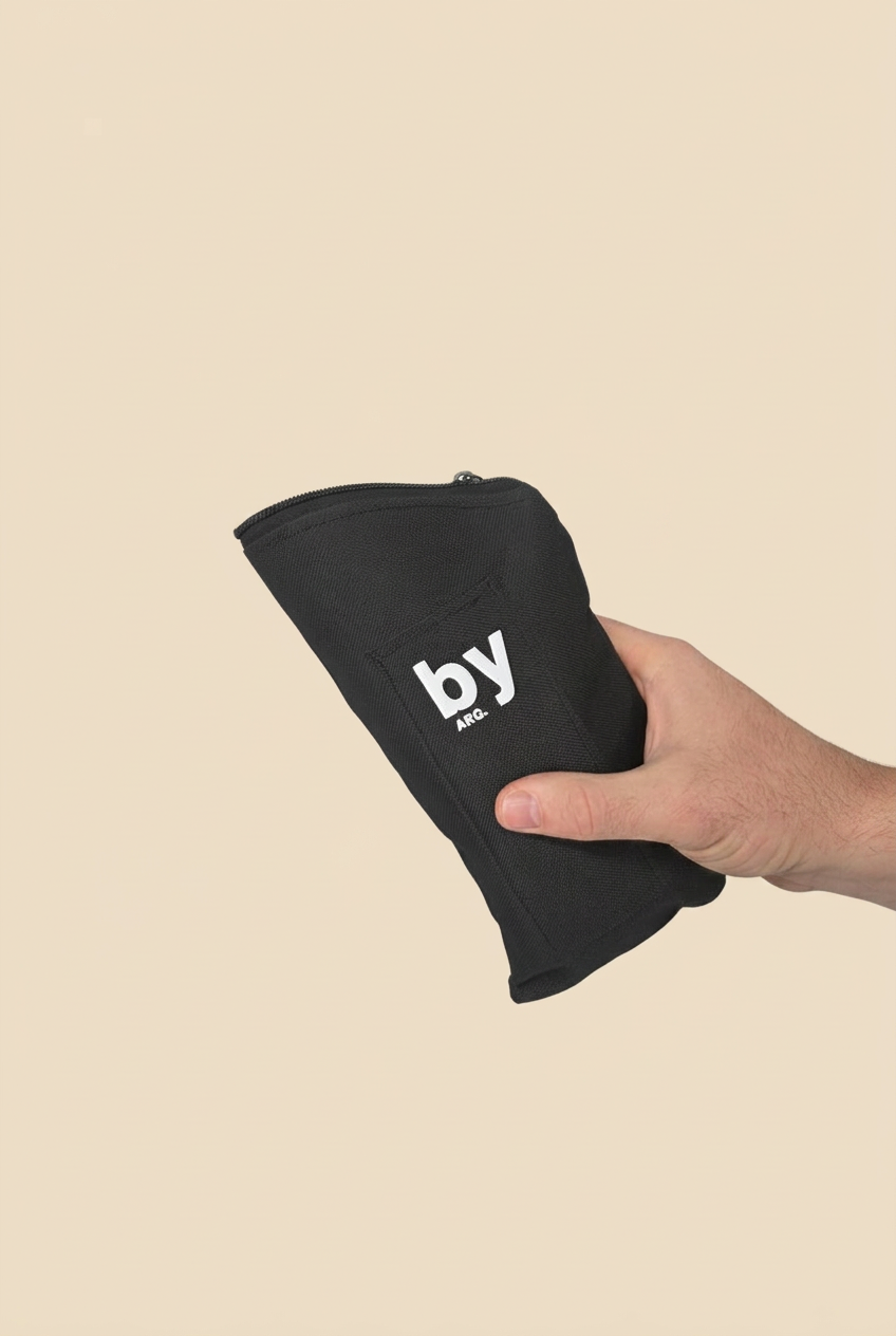 Yerbero ByArg negro inclinado sobre fondo beige sin sombras