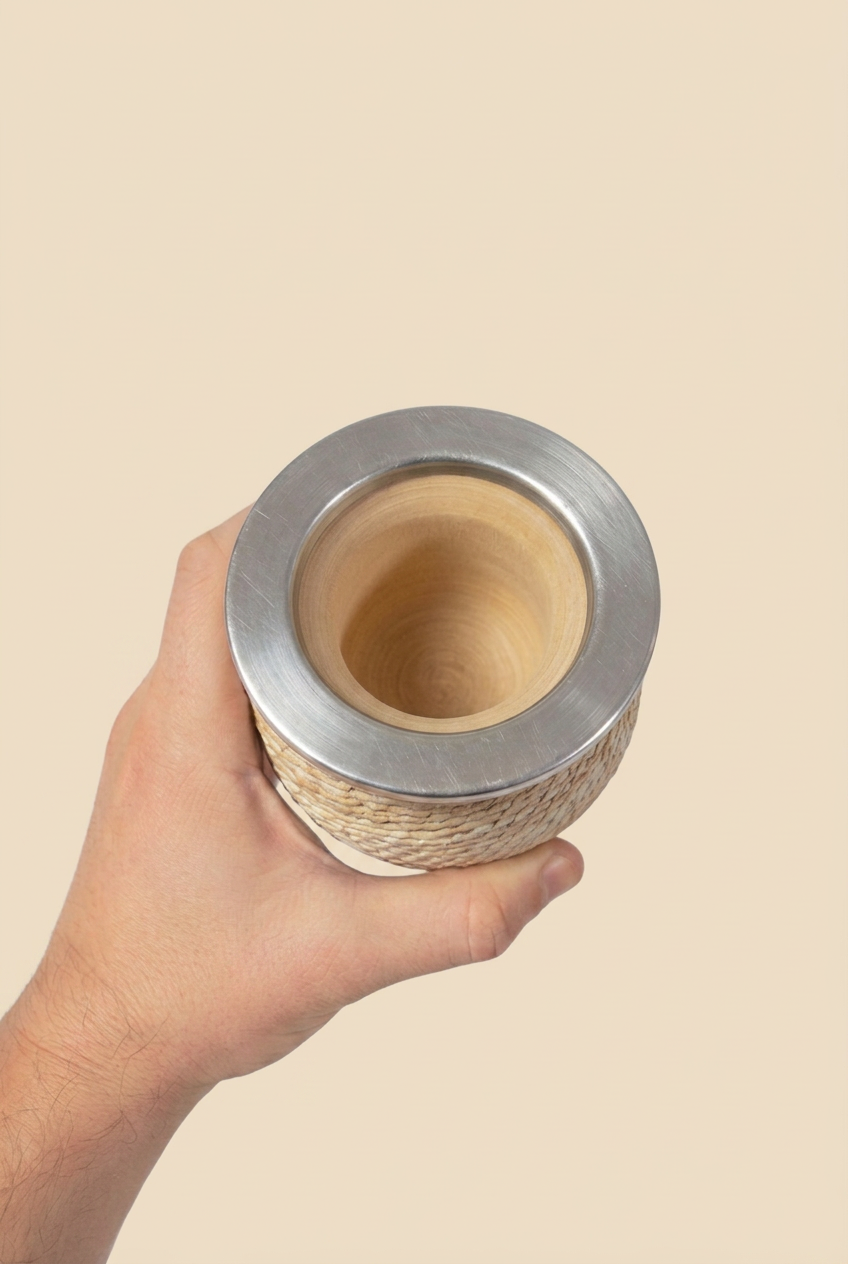 Mate Trenzado de Calabaza vista superior sostenido en una mano sobre fondo beige sin sombras