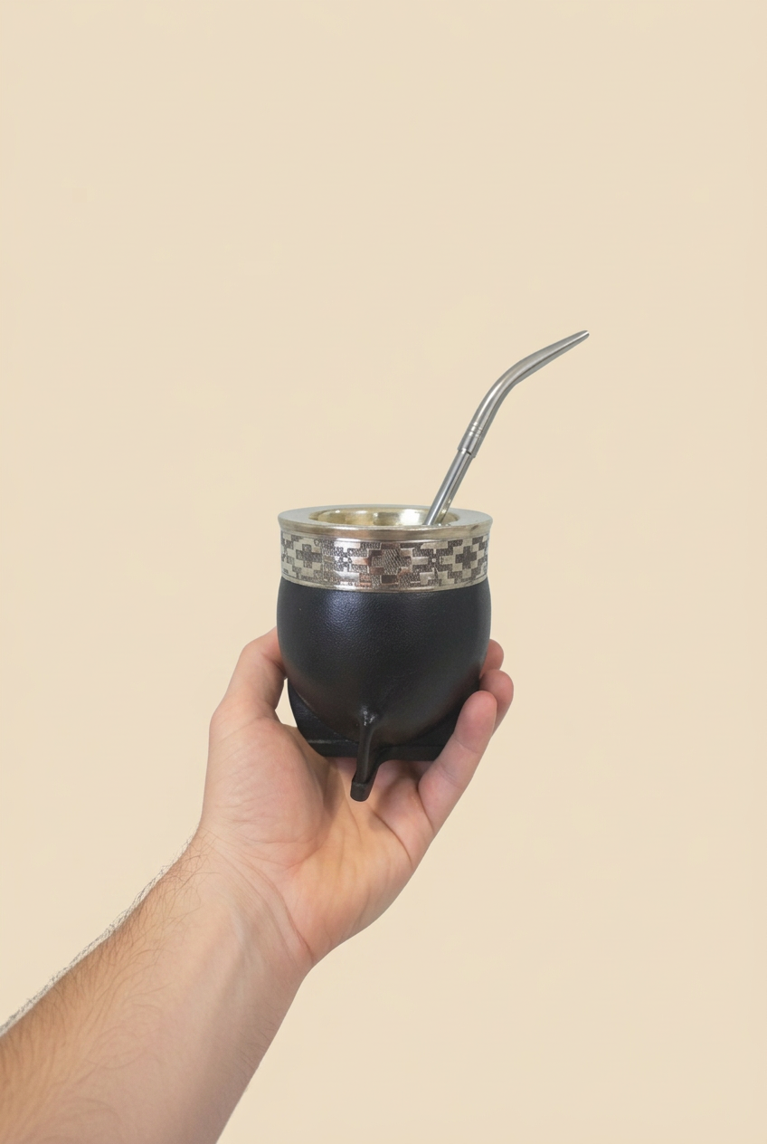 Bombilla Pico de Loro en un mate negro sostenido en una mano sobre fondo beige