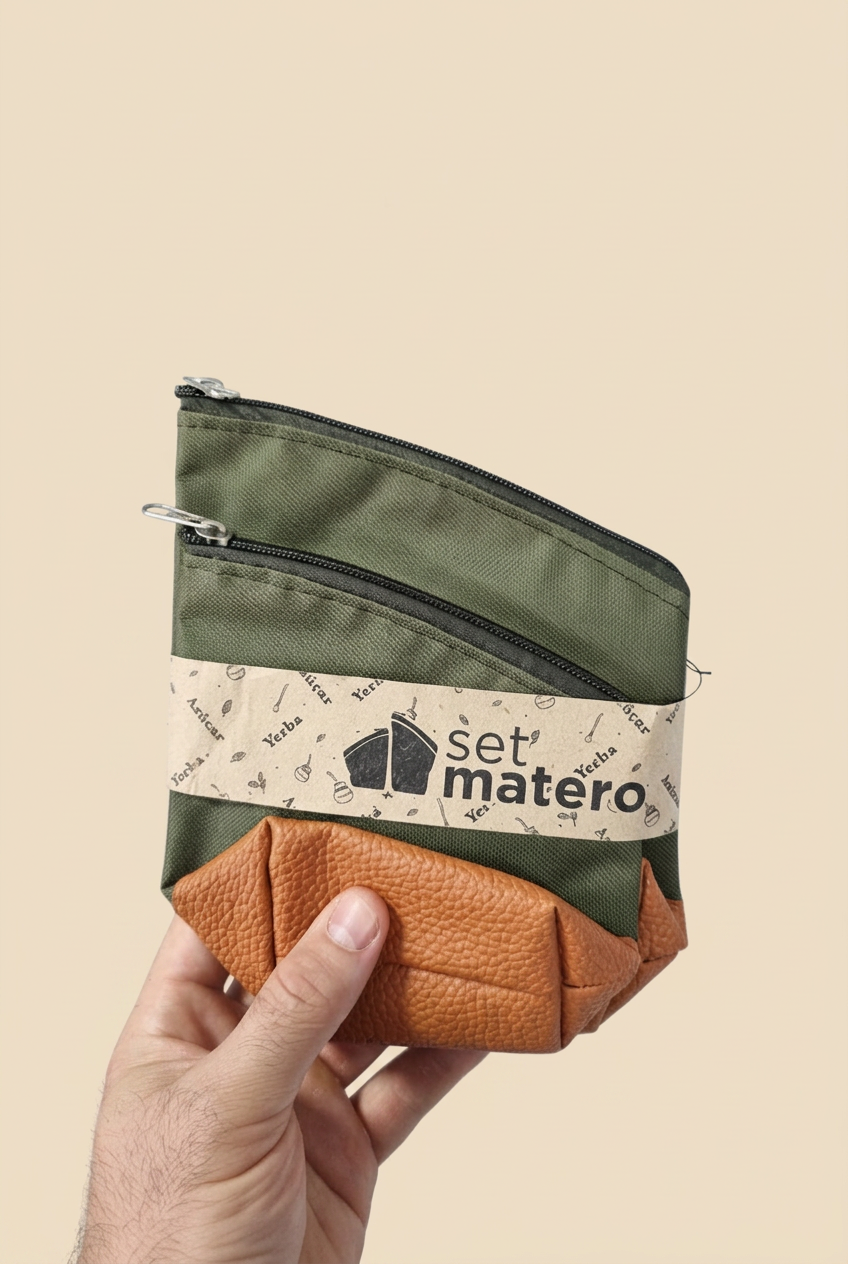 Set yerberos verde sostenido en una mano sobre fondo beige