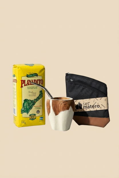 Kit de mate ranchero de algarrobo con bombilla, set de yerberos y yerba Playadito
