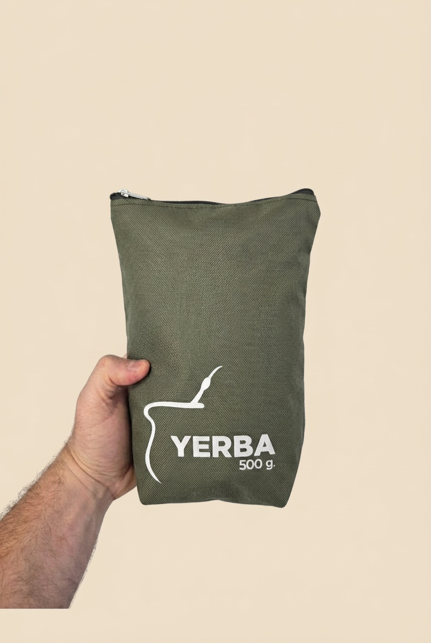 Yerbero Grande de Tela 500g verde frontal sobre fondo beige