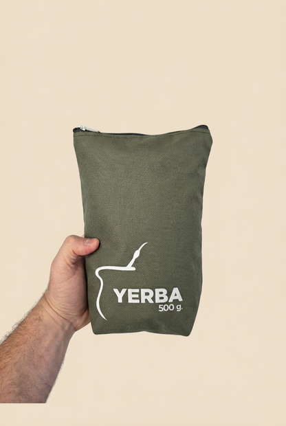 Yerbero Grande de Tela 500g verde frontal sobre fondo beige
