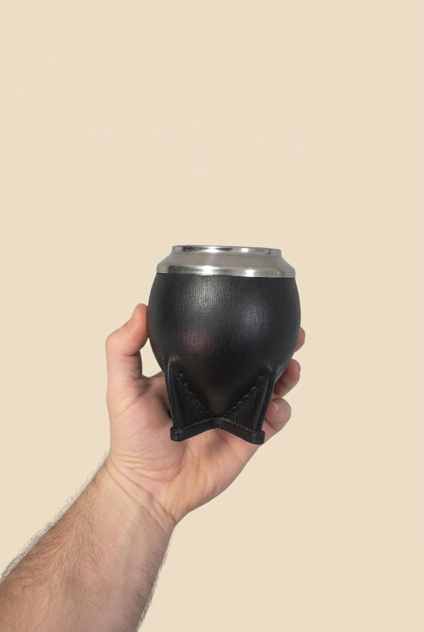 Mate Torpedo de Calabaza frontal sostenido en una mano sobre fondo beige
