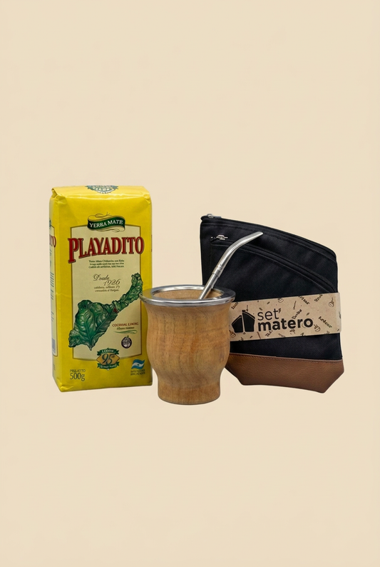Kit de mate camionero de algarrobo con bombilla, set de yerberos y yerba Playadito