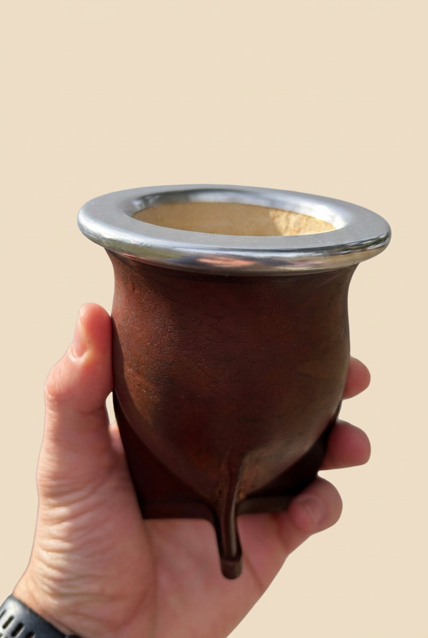 Mate Camionero de Calabaza marrón vista interior sostenido en una mano sobre fondo beige